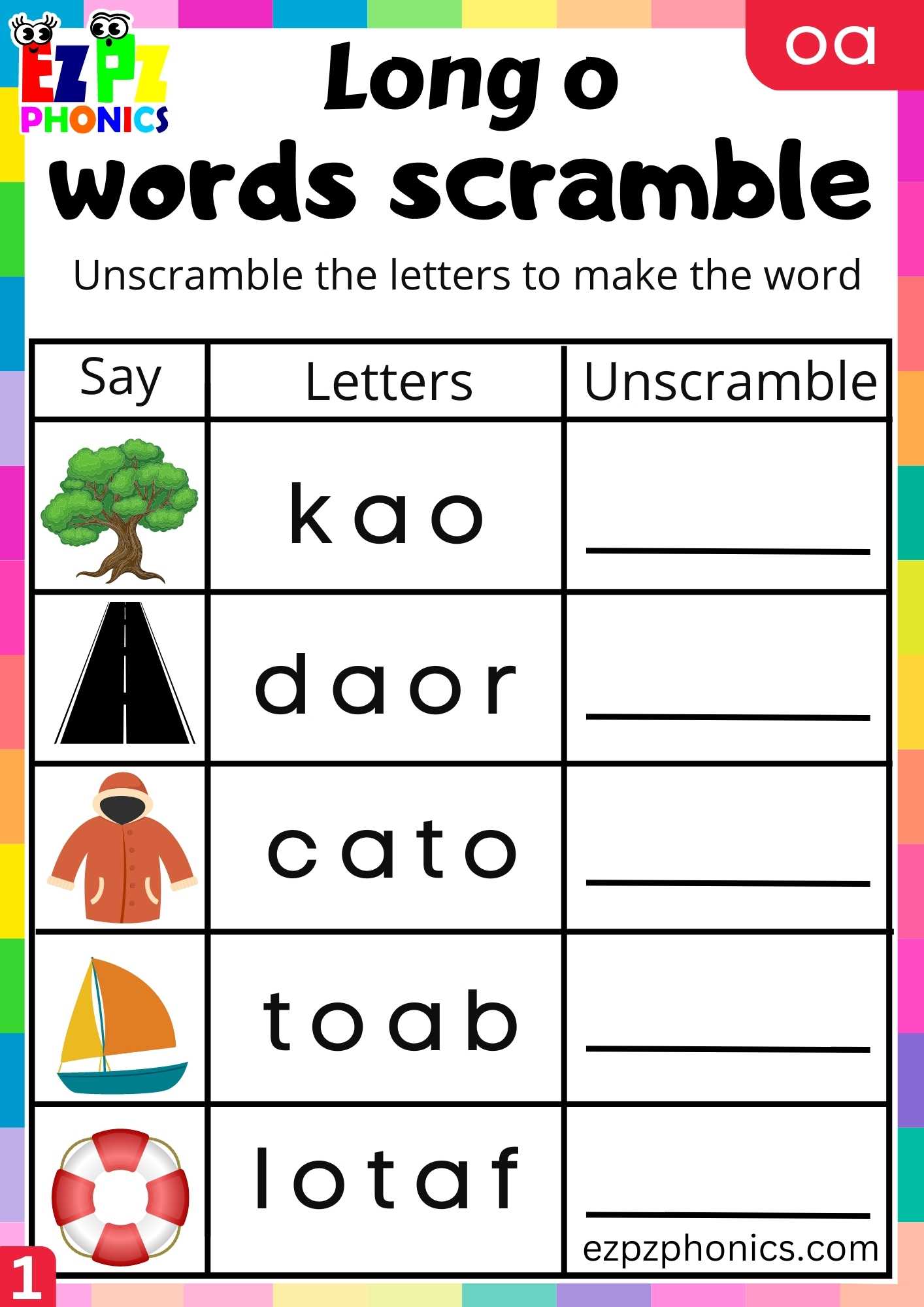 Group1 OA Words Words Scramble Long O Phonics Worksheet